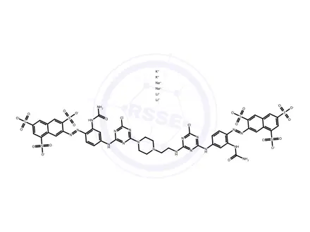 Chemical structure of 1,3,6-Naphthalenetrisulfonic acid, 7-2-(aminocarbonyl)amino-4-4-4-2-4-3-(aminocarbonyl)amino-4-(3,6,8-trisulfo-2-naphthalenyl)azophenylamino-6-chloro-1,3,5-triazin-2-ylaminoethyl-1-piperazinyl-6-chloro-1,3,5-triazin-2-ylaminophenylazo-, lithium potassium
