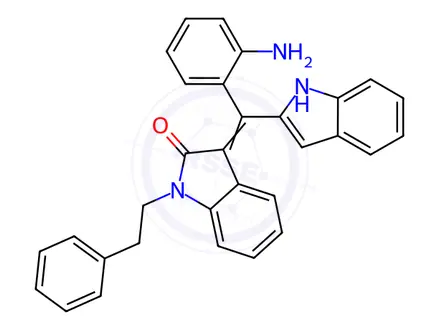 Chemical structure of (Z)-3-((2-Aminophenyl)(1H-indol-2-yl)methylene)-1-phenethylindolin-2-one