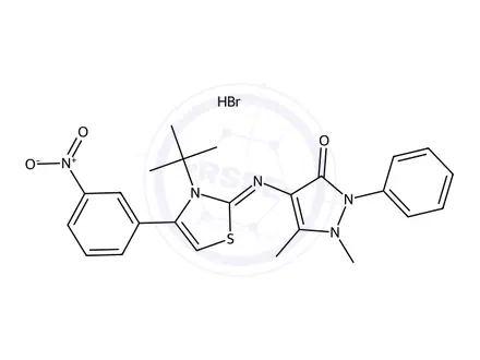 Chemical structure of 4-((3-(tert-Butyl)-4-(3-nitrophenyl)thiazol-2(3H)-ylidene)amino)-1,5-dimethyl-2-phenyl-1,2-dihydro-3H-pyrazol-3-one hydrobromide