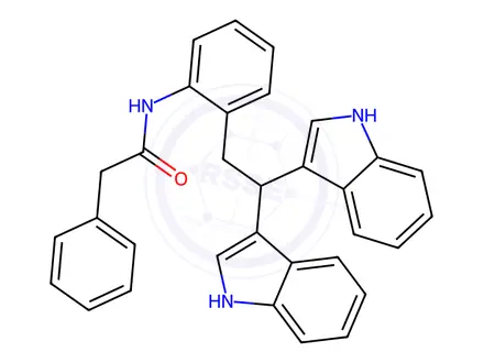 Chemical structure of N-(2-(2,2-Di(1H-indol-3-yl)ethyl)phenyl)-2-phenylacetamide