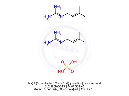 Chemical structure of bis(N-(3-methylbut-2-en-1-yl)guanidine), sulfuric acid