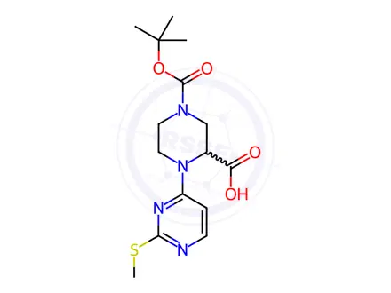 Chemical structure of 4-(tert-Butoxycarbonyl)-1-(2-(methylthio)pyrimidin-4-yl)piperazine-2-carboxylic acid