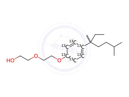 Chemical structure of 4-(3’,6’-Dimethyl-3’-heptyl)phenol diethoxylate-13C6