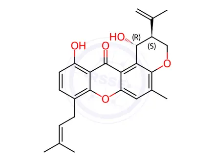 Chemical structure of (1R)-2,3-Dihydro-1α,11-dihydroxy-5-methyl-8-(3-methyl-2-butenyl)-2β-(1-methylvinyl)pyrano[3,2-a]xanthen-12(1H)-one