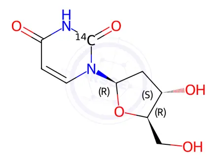 Chemical structure of 1-((2R,4S,5R)-4-hydroxy-5-(hydroxymethyl)tetrahydrofuran-2-yl)pyrimidine-2,4(1H,3H)-dione-2-14C