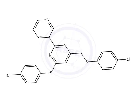 Chemical structure of 4-((4-Chlorophenyl)thio)-6-(((4-chlorophenyl)thio)methyl)-2-(pyridin-3-yl)pyrimidine