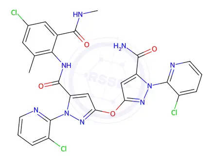 Chemical structure of 3-((5-carbamoyl-1-(3-chloropyridin-2-yl)-1H-pyrazol-3-yl)oxy)-N-(4-chloro-2-methyl-6-(methylcarbamoyl)phenyl)-1-(3-chloropyridin-2-yl)-1H-pyrazole-5-carboxamide