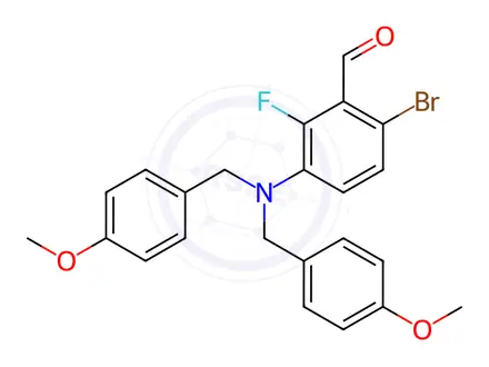 Chemical structure of Benzaldehyde, 3-[bis[(4-methoxyphenyl)methyl]amino]-6-bromo-2-fluoro-