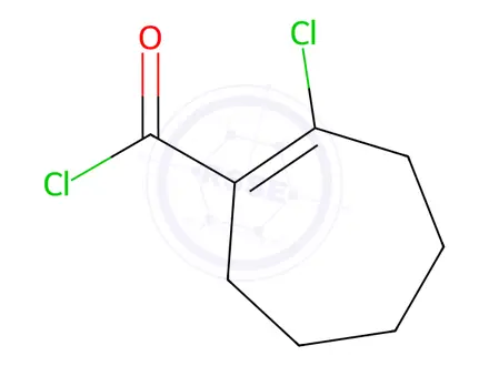 Chemical structure of 1-Cycloheptene-1-carbonylchloride,2-chloro-(9CI)
