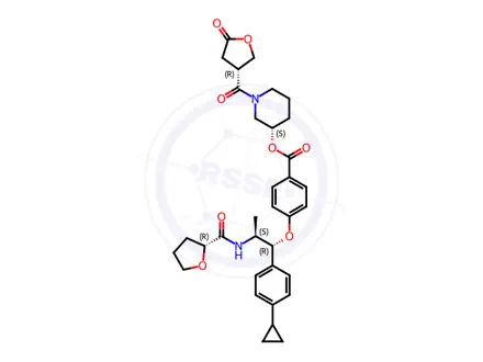 Chemical structure of Benzoic acid, 4-[(1R,2S)-1-(4-cyclopropylphenyl)-2-[[[(2R)-tetrahydro-2-furanyl]carbonyl]amino]propoxy]-, (3S)-1-[[(3R)-tetrahydro-5-oxo-3-furanyl]carbonyl]-3-piperidinyl ester