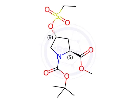 Chemical structure of O1-tert-butyl O2-methyl (2S,4R)-4-ethylsulfonyloxypyrrolidine-1,2-dicarboxylate