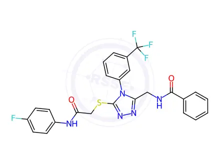 Chemical structure of N-((5-((2-((4-Fluorophenyl)amino)-2-oxoethyl)thio)-4-(3-(trifluoromethyl)phenyl)-4H-1,2,4-triazol-3-yl)methyl)benzamide