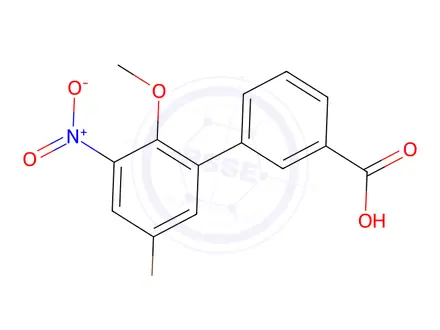 Chemical structure of 5`-bromo-2`-methoxy-3`-nitro-[1,1`-biphenyl]-3-carboxylic acid