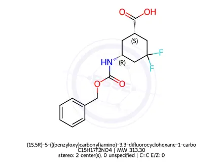 Chemical structure of (1S,5R)-5-(((benzyloxy)carbonyl)amino)-3,3-difluorocyclohexane-1-carboxylic acid