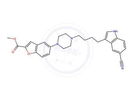 Chemical structure of Methyl 5-(4-(4-(5-cyano-1H-indol-3-yl)butyl)piperazin-1-yl)benzofuran-2-carboxylate