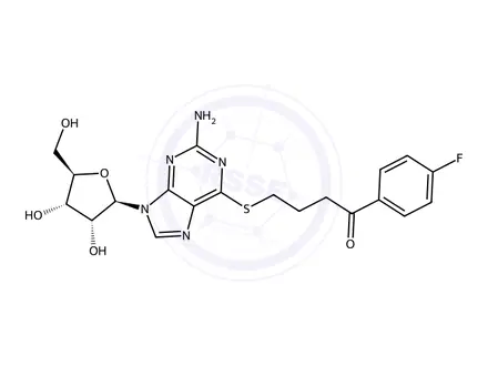 Chemical structure of 4-((2-Amino-9-((2R,3R,4S,5R)-3,4-dihydroxy-5-(hydroxymethyl)tetrahydrofuran-2-yl)-9H-purin-6-yl)thio)-1-(4-fluorophenyl)butan-1-one