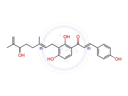 Chemical structure of 2-Propen-1-one, 1-[2,4-dihydroxy-3-[(2E)-6-hydroxy-3,7-dimethyl-2,7-octadien-1-yl]phenyl]-3-(4-hydroxyphenyl)-, (2E)-(+)-