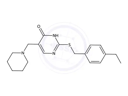 Chemical structure of 2-((4-Ethylbenzyl)thio)-5-(piperidin-1-ylmethyl)pyrimidin-4(3H)-one