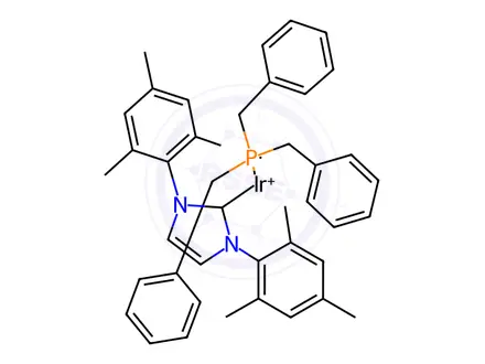 Chemical structure of Tribenzylphosphine(1,5-cyclooctadiene)[1,3-bis(2,4,6-trimethylphenyl)imidazol-2-ylidene]iridium(I) hexafluorophosphate