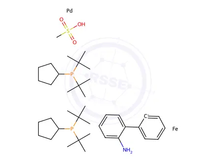 Chemical structure of Palladium, [2'-(amino-κN)[1,1'-biphenyl]-2-yl-κC][1-[bis(1,1-dimethylethyl)phosphino-κP]-1'-[bis(1,1-dimethylethyl)phosphino]ferrocene](methanesulfonato-κO)-
