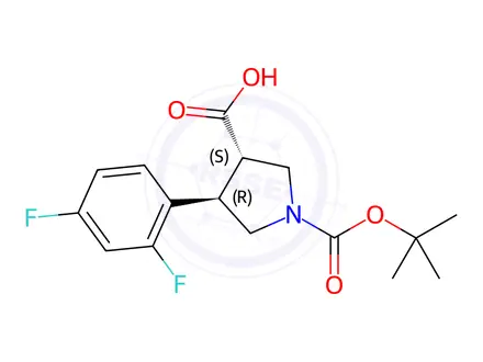 Chemical structure of (3S,4R)-1-(tert-butoxycarbonyl)-4-(2,4-difluorophenyl)pyrrolidine-3-carboxylic acid