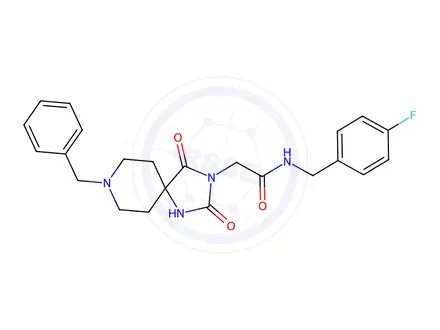Chemical structure of 2-(8-Benzyl-2,4-dioxo-1,3,8-triazaspiro[4.5]decan-3-yl)-N-(4-fluorobenzyl)acetamide