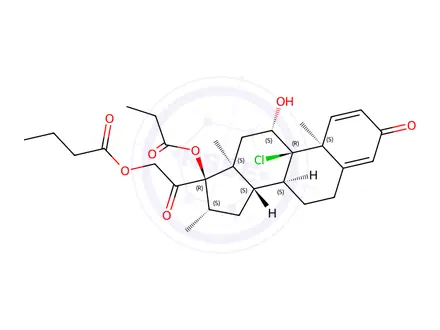 Chemical structure of 2-((8S,9R,10S,11S,13S,14S,16S,17R)-9-chloro-11-hydroxy-10,13,16-trimethyl-3-oxo-17-(propionyloxy)-6,7,8,9,10,11,12,13,14,15,16,17-dodecahydro-3H-cyclopenta[a]phenanthren-17-yl)-2-oxoethyl butyrate