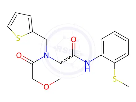 Chemical structure of N-(2-(Methylthio)phenyl)-5-oxo-4-(thiophen-2-ylmethyl)morpholine-3-carboxamide