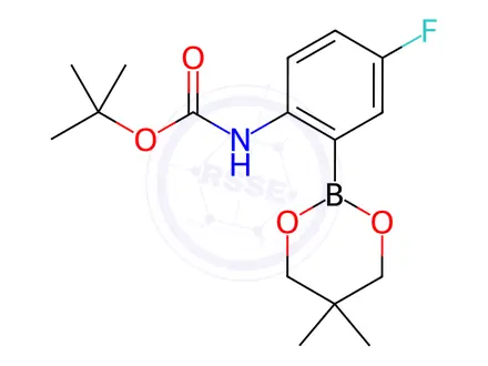 Chemical structure of 2-Amino-5-fluorobenzeneboronic acid, neopentyl glycol ester, N-BOC protected