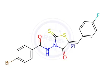 Chemical structure of (Z)-4-bromo-N-(5-(4-fluorobenzylidene)-4-oxo-2-thioxothiazolidin-3-yl)benzamide