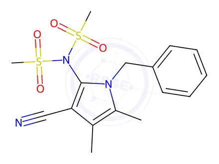 Chemical structure of N-(1-Benzyl-3-cyano-4,5-dimethyl-1H-pyrrol-2-yl)-N-methanesulfonylmethanesulfonamide