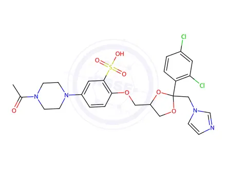 Chemical structure of 5-(4-acetylpiperazin-1-yl)-2-{[2-(2,4-dichlorophenyl)-2-[(1H-imidazol-1-yl)methyl]-1,3-dioxolan-4-yl]methoxy}benzene-1-sulfonic acid