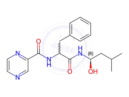 Chemical structure of N-(1-(((R)-1-hydroxy-3-methylbutyl)amino)-1-oxo-3-phenylpropan-2-yl)pyrazine-2-carboxamide