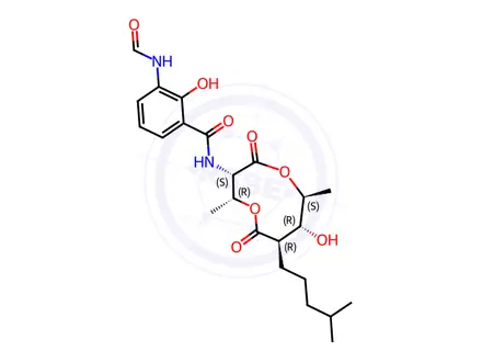 Chemical structure of Benzamide, 3-(formylamino)-2-hydroxy-N-[(2R,3S,6S,7R,8R)-7-hydroxy-2,6-dimethyl-8-(4-methylpentyl)-4,9-dioxo-1,5-dioxonan-3-yl]-(9CI)