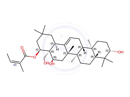 Chemical structure of Olean-12-ene-3,16,22,28-tetrol, 22-(2-methyl-2-butenoate), [3β,16α,22α(Z)]-(9CI)