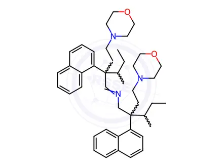 Chemical structure of 4-[4-Methyl-3-[N-[3-methyl-2-(2-morpholinoethyl)-2-(1-naphtyl)pentyl]formimidoyl]-3-(1-naphtyl)hexyl]morpholine