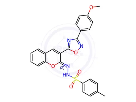 Chemical structure of (Z)-n'-(3-(3-(4-methoxyphenyl)-1,2,4-oxadiazol-5-yl)-2h-chromen-2-ylidene)-4-methylbenzenesulfonohydrazide