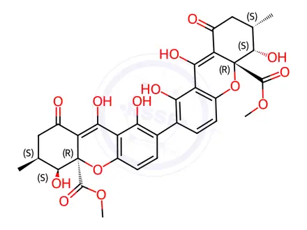 Chemical structure of (3S,3'S,4S,4'S,4aR,4'aR)-2,2',3,3',4,4',9,9'-Octahydro-1,1',4,4',8,8'-hexahydroxy-3,3'-dimethyl-9,9'-dioxo-7,7'-bi(4aH-xanthene)-4a,4'a-dicarboxylic acid dimethyl ester