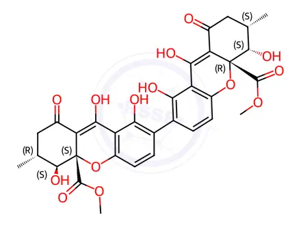 Chemical structure of (3S,3'R,4S,4'S,4aS,4'aS)-2,2',3,3',4,4',9,9'-Octahydro-1,1',4,4',8,8'-hexahydroxy-3,3'-dimethyl-9,9'-dioxo-7,7'-bi(4aH-xanthene)-4a,4'a-dicarboxylic acid dimethyl ester
