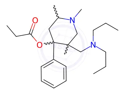 Chemical structure of [5-[(dipropylamino)methyl]-1,2,5-trimethyl-4-phenyl-4-piperidyl] propanoate dihydrochloride