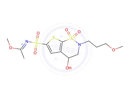 Chemical structure of (E)-methyl N-(4-hydroxy-2-(3-methoxypropyl)-1,1-dioxido-3,4-dihydro-2H-thieno[3,2-e][1,2]thiazin-6-yl)sulfonylacetimidate