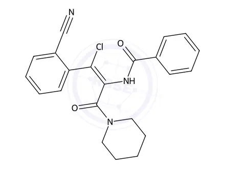 Chemical structure of (Z)-N-(1-Chloro-1-(2-cyanophenyl)-3-oxo-3-(piperidin-1-yl)prop-1-en-2-yl)benzamide