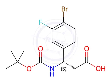 Chemical structure of (3S)-3-(4-bromo-3-fluorophenyl)-3-[(2-methylpropan-2-yl)oxycarbonylamino]propanoic acid