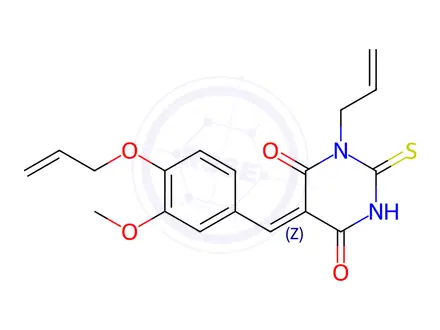 Chemical structure of (5Z)-5-[(3-methoxy-4-prop-2-enoxyphenyl)methylidene]-1-prop-2-enyl-2-sulfanylidene-1,3-diazinane-4,6-dione