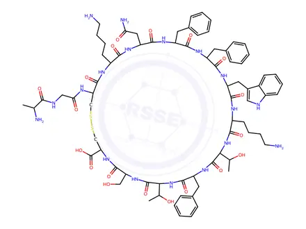 Chemical structure of (4R,7S,10S,13S,16S,19S,22R,25S,28S,31S,34S,37R)-22-((1H-Indol-3-yl)methyl)-31-(2-amino-2-oxoethyl)-19,34-bis(4-aminobutyl)-37-(2-((S)-2-aminopropanamido)acetamido)-13,25,28-tribenzyl-10,16-bis((R)-1-hydroxyethyl)-7-(hydroxymethyl)-6,9,12,15,18,21,24,27,30,33,36-undecaoxo-1,2-dithia-5,8,11,14,17,20,23,26,29,32,35-undecaazacyclooctatriacontane-4-carboxylic Acid