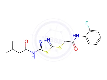 Chemical structure of N-(5-((2-((2-Fluorophenyl)amino)-2-oxoethyl)thio)-1,3,4-thiadiazol-2-yl)-3-methylbutanamide