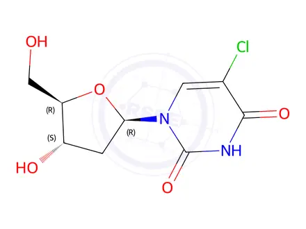 Chemical structure of 5-chloranyl-1-[5-(hydroxymethyl)-4-oxidanyl-oxolan-2-yl]pyrimidine-2,4-dione 5-chloro-1-[4-hydroxy-5-(hydroxymethyl)-2-oxolanyl]pyrimidine-2,4-dione 50-90-8 A828355