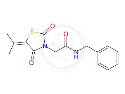Chemical structure of N-Benzyl-2-(2,4-dioxo-5-(propan-2-ylidene)thiazolidin-3-yl)acetamide