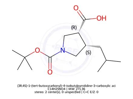 Chemical structure of (3R,4S)-1-(tert-butoxycarbonyl)-4-isobutylpyrrolidine-3-carboxylic acid