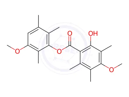 Chemical structure of Benzoic acid, 2-hydroxy-4-methoxy-3,5,6-trimethyl-, 3-methoxy-2,5,6-trimethylphenyl ester